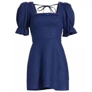 REFORMATION Evianna Puff Sleeve Linen Dress Dark Navy Lace Trim Bow Rosebud Sz 8